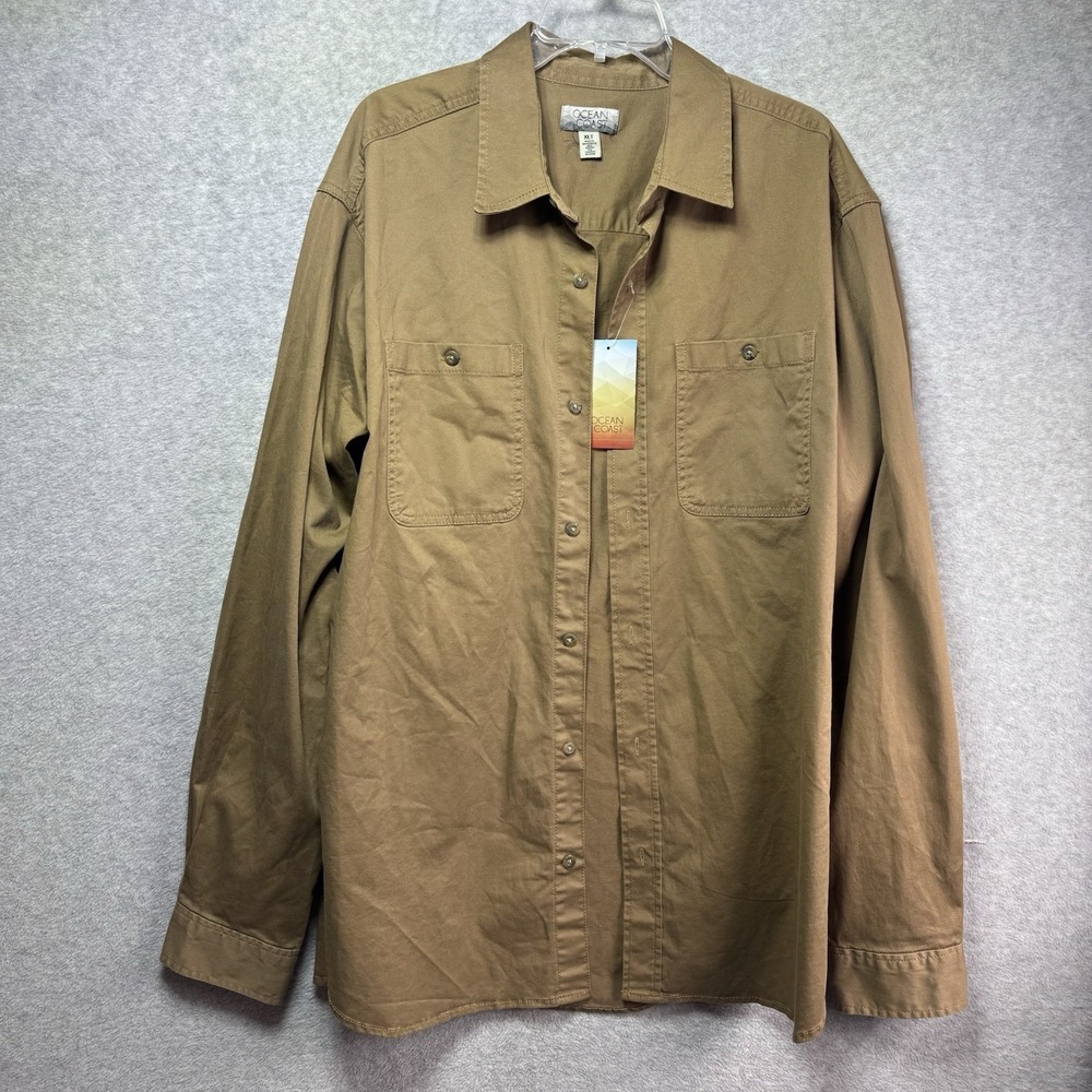 NWT Ocean & Coast Mens XLT Tall Tan Canvas Long Sleeve Button Utility Work Shirt
